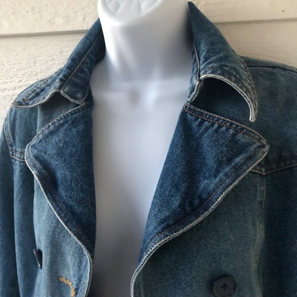 Rampage Size Med Vintage Double Breasted Belted Blue Denim Jacket with Pockets - Picture 7 of 16